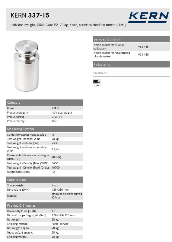 KERN® F2 Individual Weight 337-15 20Kg Test weight Check weight, Stainless steel (OIML)