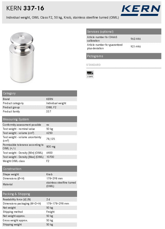 KERN® F2 Individual Weight 337-16 50Kg Test weight Check weight, Stainless steel (OIML)