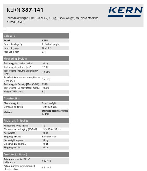 KERN® F2 Individual Weight 337-141 10Kg Test weight Check weight, Stainless steel (OIML)