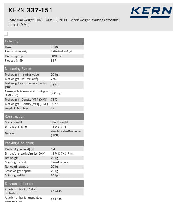 KERN® F2 Individual Weight 337-151 20Kg Test weight Check weight, Stainless steel