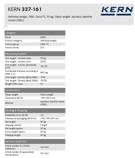 KERN® F2 Individual Weight 337-161 50Kg Test weight Check weight, Stainless steel