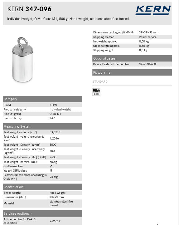 Kern 347-096 500g Individual weight, OIML Class M1, 500 g, Hook weight, stainless steel fine turned
