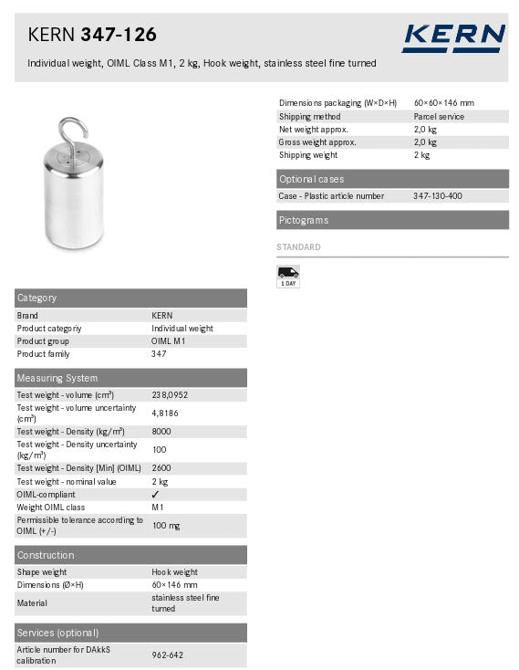 Kern 347-126 2Kg Individual weight, OIML Class M1, 2Kg, Hook weight, stainless steel fine turned