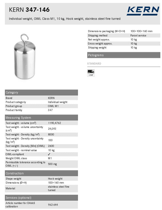 Kern 347-146 10Kg Individual weight, OIML Class M1, 10Kg, Hook weight, stainless steel fine turned