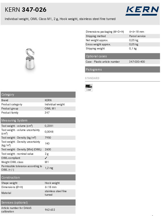Kern 347-026 2g Individual weight, OIML Class M1, 2g, Hook weight, stainless steel fine turned