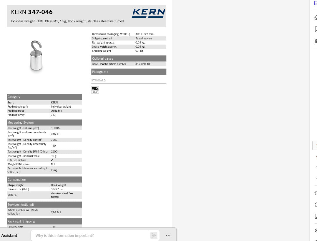 Kern 347-046 10g Individual weight, OIML Class M1, 10g, Hook weight, stainless steel fine turned