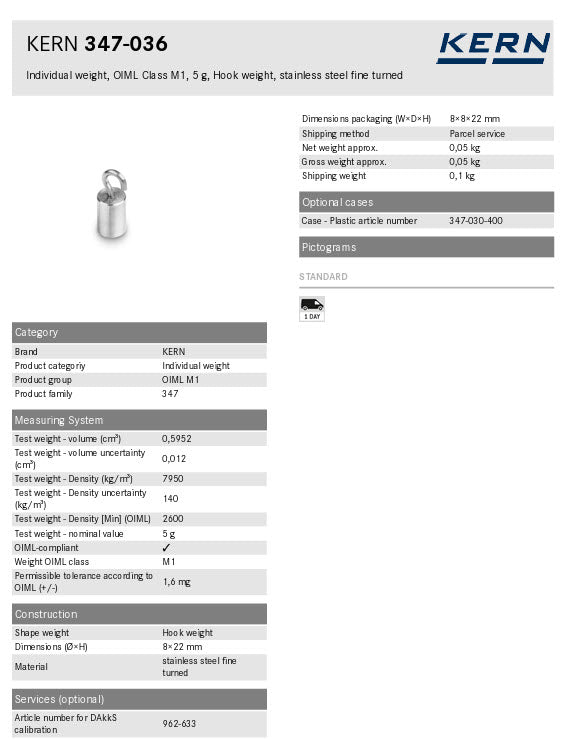 Kern 347-036 5g Individual weight, OIML Class M1, 5g, Hook weight, stainless steel fine turned