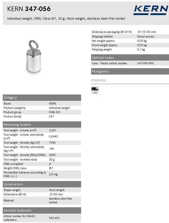 Kern 347-056 20g Individual weight, OIML Class M1, 20g, Hook weight, stainless steel fine turned