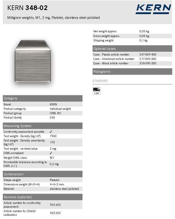 Kern M1 Individual Weights 348-02, 2mg Milligram weights, M1, 2 mg, Platelet, stainless steel polished