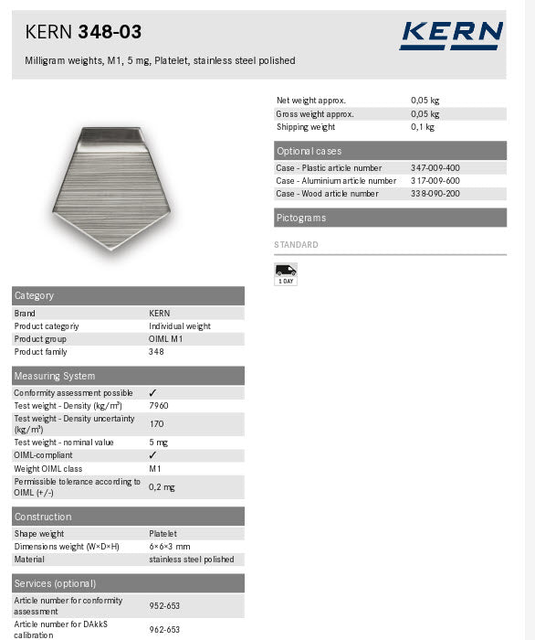 Kern M1 Individual Weights 348-03, 5mg Milligram weights, M1, 5mg, Platelet, stainless steel polished