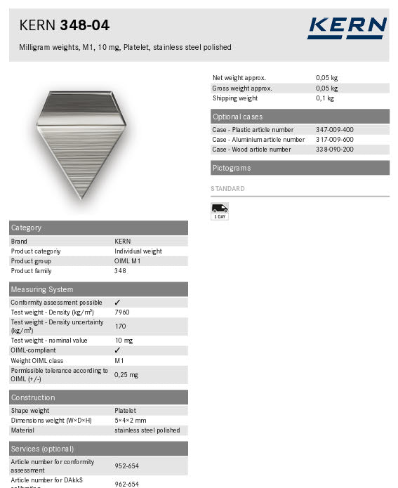 Kern M1 Individual Weights 348-04, 10mg Milligram weights, M1, 10mg, Platelet, stainless steel polished