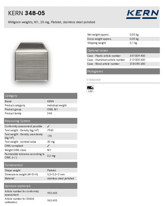 Kern M1 Individual Weights 348-05, 20mg Milligram weights, M1, 20mg, Platelet, stainless steel polished