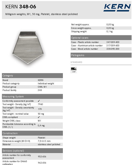Kern M1 Individual Weights 348-06, 50mg Milligram weights, M1, 50mg, Platelet, stainless steel polished
