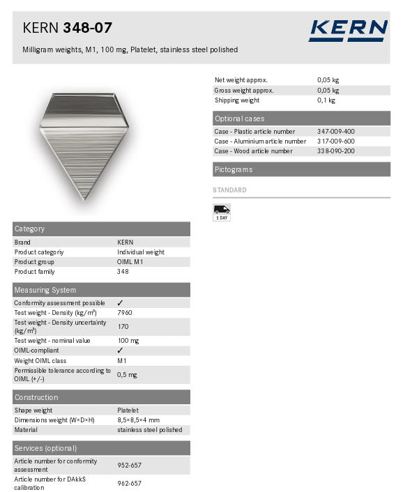 Kern M1 Individual Weights 348-07, 100mg Milligram weights, M1, 100mg, Platelet, stainless steel polished