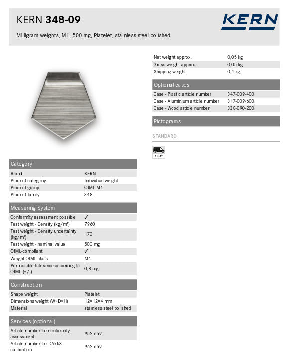 Kern M1 Individual Weights 348-09, 500mg Milligram weights, M1, 500mg, Platelet, stainless steel polished