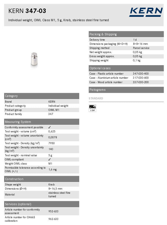 Kern M1 Individual Weights 347-03, 5g Milligram weights, M1, 5g, Platelet, stainless steel polished