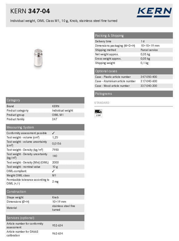 Kern M1 Individual Weights 347-04, 10g Milligram weights, M1, 10g, Platelet, stainless steel polished