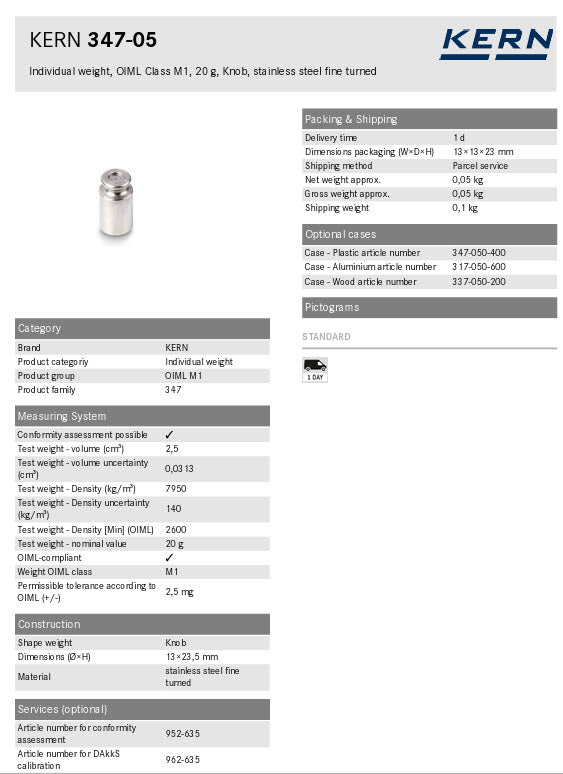 Kern M1 Individual Weights 347-05, 20g Milligram weights, M1, 20g, Platelet, stainless steel polished