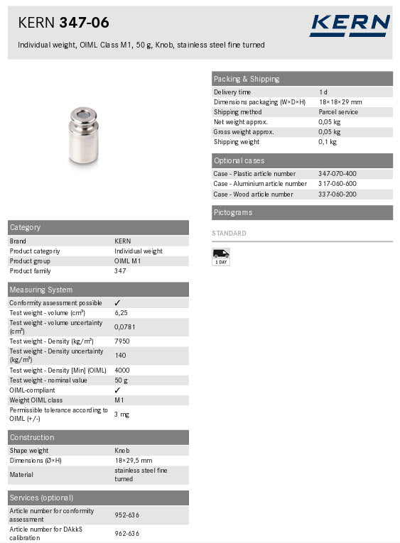 Kern M1 Individual Weights 347-06, 50g Milligram weights, M1, 50g, Platelet, stainless steel polished