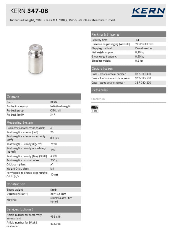 Kern M1 Individual Weights 347-08 200g Milligram weights, M1, 200g, Platelet, stainless steel polished