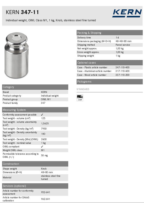 Kern M1 Individual Weights 347-11, 1Kg Milligram weights, M1, 1Kg, Platelet, stainless steel polished