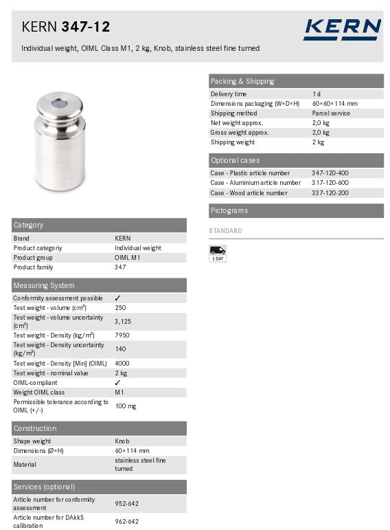 Kern M1 Individual Weights 347-12, 2Kg Milligram weights, M1, 2Kg, Platelet, stainless steel polished