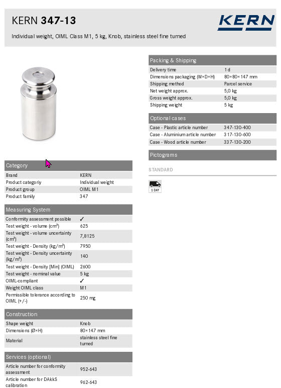 Kern M1 Individual Weights 347-13, 5Kg Milligram weights, M1,  5Kg, Platelet, stainless steel polished
