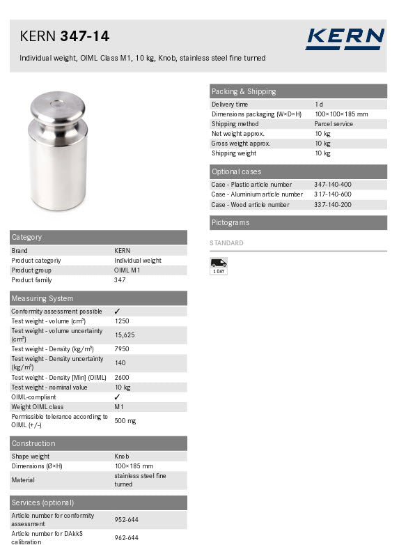 Kern M1 Individual Weights 347-14, 10Kg Milligram weights, M1, 10Kg, Platelet, stainless steel polished