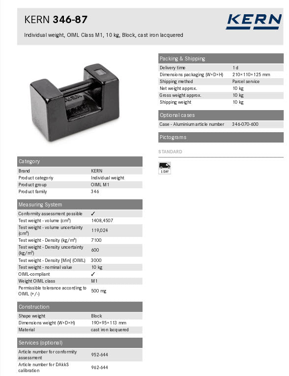 KERN® Test weight 346-87, OIML Class M1, Nominal value 10 kg, Block, Cast iron lacquered