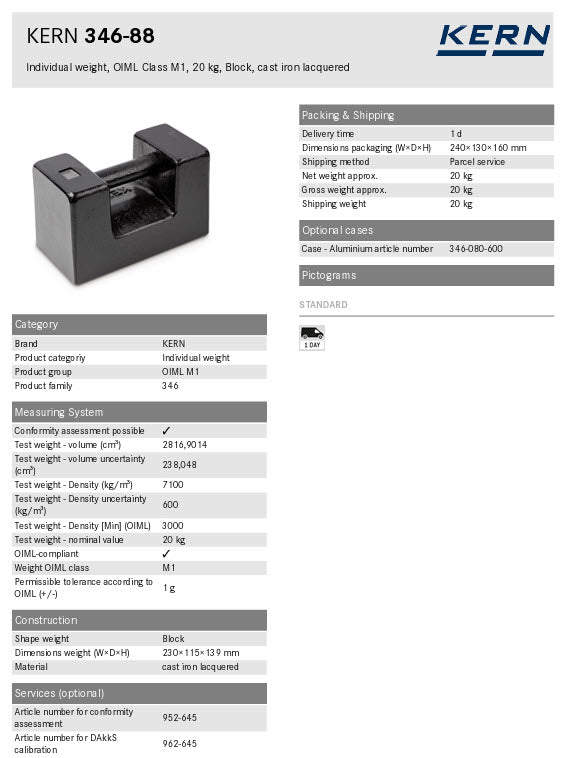 KERN® Test weight 346-88, OIML Class M1, Nominal value 20 kg, Block, Cast iron lacquered