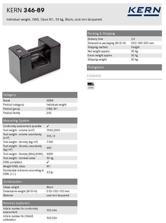 KERN® Test weight 346-89, OIML Class M1, Nominal value 50 kg, Block, Cast iron lacquered
