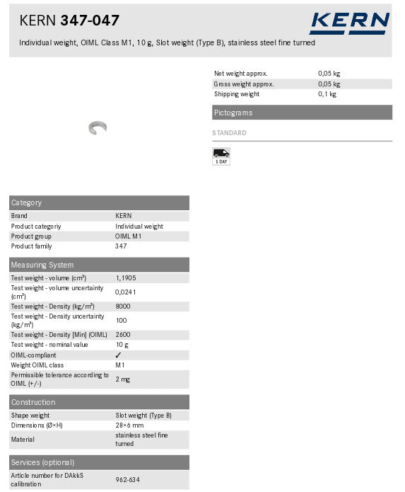 KERN® Test weight 347-047, Individual weight, OIML Class M1, 10g, Slot weight (Type A), stainless steel fine turned