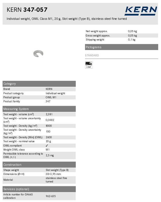 KERN® Test weight 347-057, Individual weight, OIML Class M1, 20g, Slot weight (Type A), stainless steel fine turned