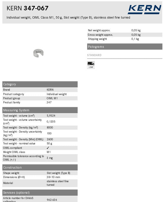 KERN® Test weight 347-067, Individual weight, OIML Class M1, 50g, Slot weight (Type A), stainless steel fine turned