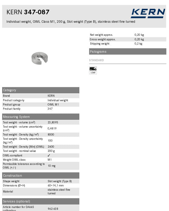 KERN® Test weight 347-087, Individual weight, OIML Class M1, 200g, Slot weight (Type A), stainless steel fine turned
