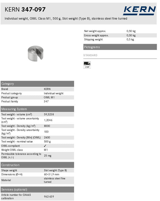 KERN® Test weight 347-097, Individual weight, OIML Class M1, 500g, Slot weight (Type A), stainless steel fine turned