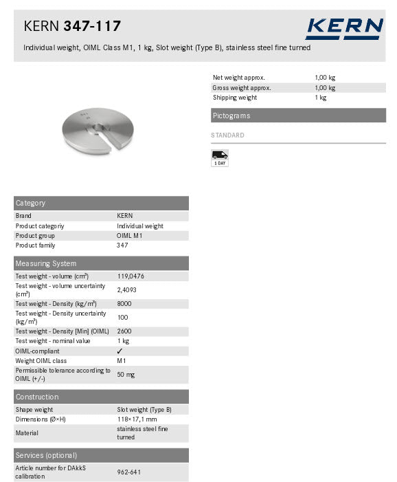 KERN® Test weight 347-117, Individual weight, OIML Class M1, 1Kg, Slot weight (Type A), stainless steel fine turned