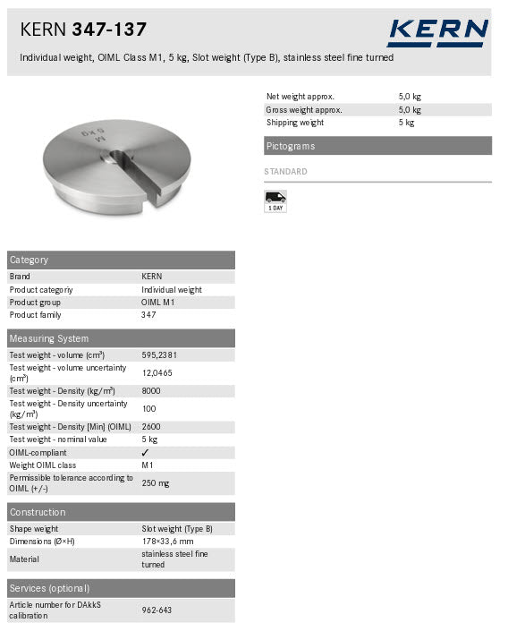 KERN® Test weight 347-137, Individual weight, OIML Class M1, 5Kg, Slot weight (Type A), stainless steel fine turned