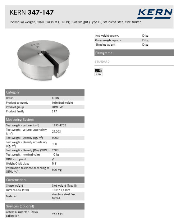 KERN® Test weight 347-147, Individual weight, OIML Class M1, 10Kg, Slot weight (Type A), stainless steel fine turned