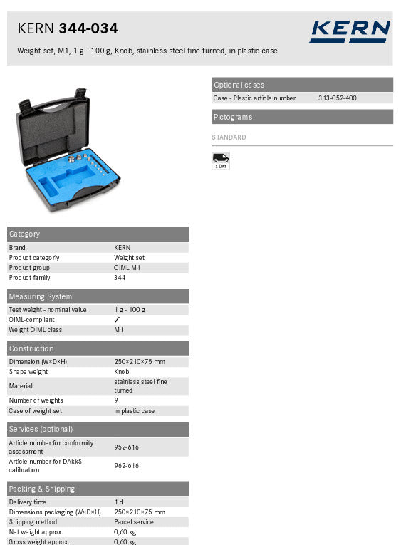 Kern 344-034-600, Kern M1 Sets 1g - 100g in a plastic case Cylindrical shape, polished stainless steel Dust-brush, tweezers and gloves to handle the weights. DKD Certificate of Calibration Included