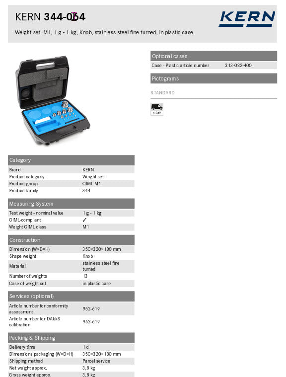 Kern 344-064-600, Kern M1 Sets 1g - 1Kg in a plastic case Cylindrical shape, polished stainless steel Dust-brush, tweezers and gloves to handle the weights. DKD Certificate of Calibration Included