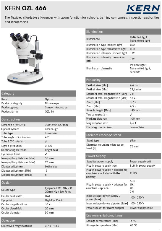 Kern OZL Stereo Zoom Microscopes OZL 466 Trinocular 10x Eye piece, Zoom .7 to 4.5X, Integrated LED Ring Light