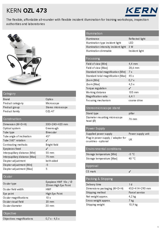 Kern OZL 474 Stereo Zoom Microscopes Trinocular HWF  Eyepiece 10× Ø 20.0 mm , Zoom 0,7 x - 4,5 x , Illumination 3W LED (Incident)