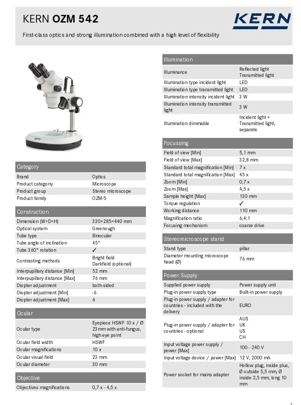 Kern OZM 542 Stereo Zoom Microscopes Binnocular HWF  Eyepiece 10× , Zoom 0,7 x - 4,5 x , 3W LED, Incident/Transmitted