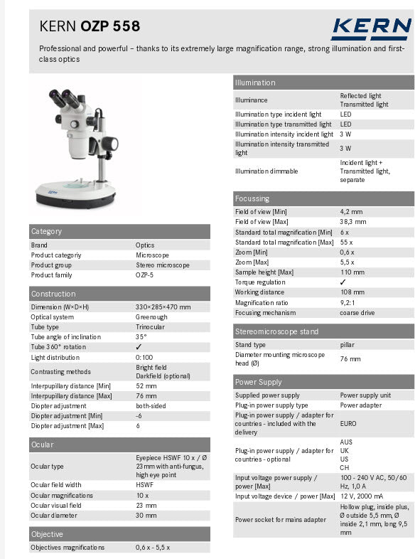 Kern OZP 558 Stereo Zoom Microscopes Trinocular HWF  Eyepiece 10× , 0.6 - 5.5X, 3W LED, Incident/Transmitted