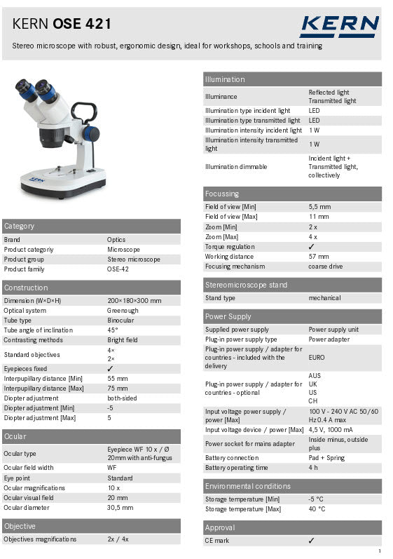 Kern OSE 421 Stereo Zoom Microscopes Binocular HWF  Eyepiece 10×,  Field of View Ø20mm,  Objective 2x/4x,  LED Incident/Transmitted