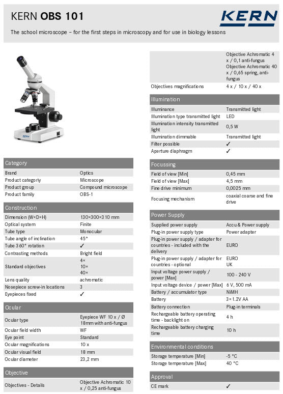 Kern OBS Educational Microscopes OBS 101, Monocular tube, 10x Eye piece, Objectives 4x/10x/40x,  Fixed Stage