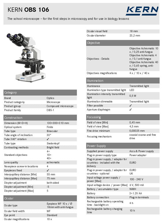 Kern OBS Educational Microscopes OBS 106, Binocular tube, 10x Eye piece, Objectives 4x/10x/40x,  Mechanical stage