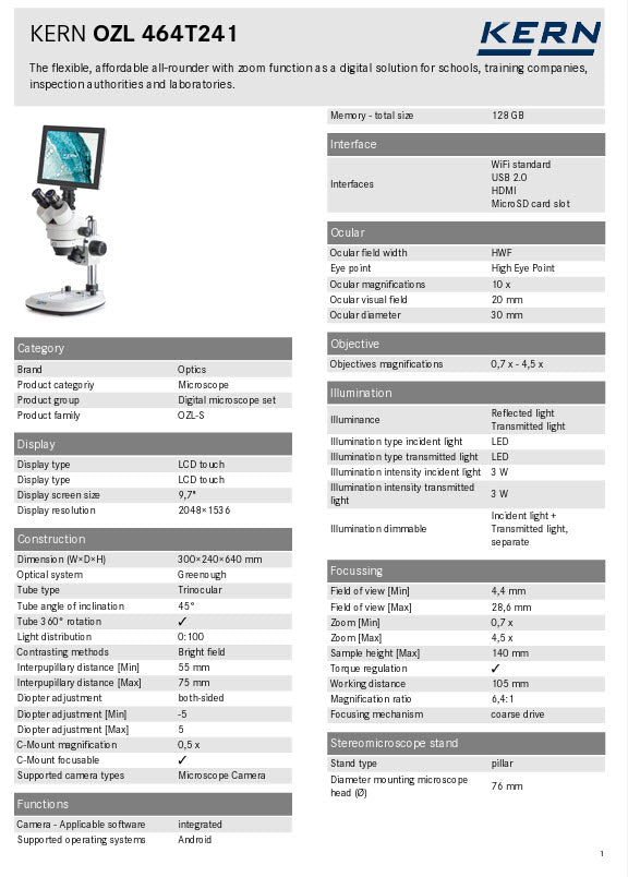 Kern Digital Microscope Set OZL 464T241 Trinocular with LCD Display screen, 5MP camera, .7x -4.5x