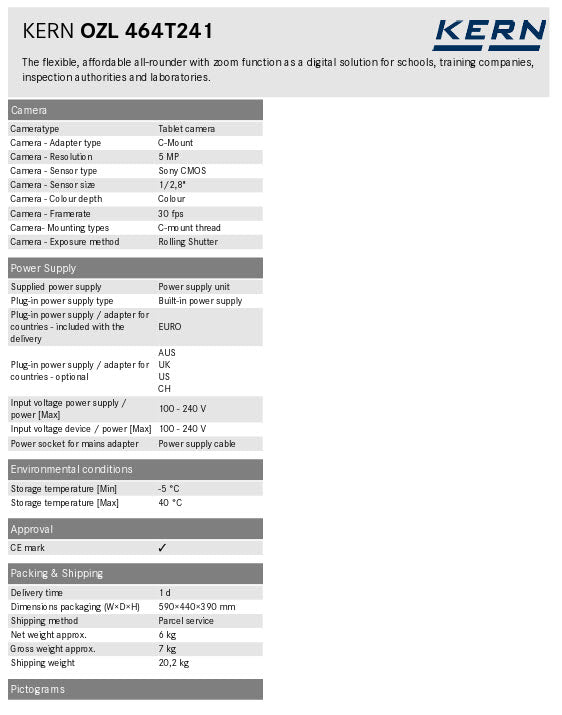 Kern Digital Microscope Set OZL 464T241 Trinocular with LCD Display screen, 5MP camera, .7x -4.5x
